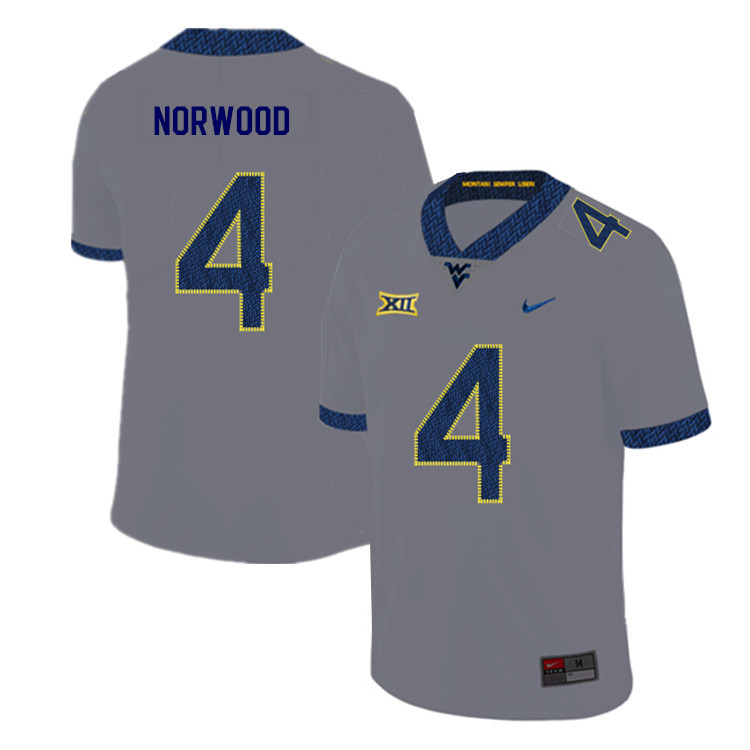 NCAA Men's Josh Norwood West Virginia Mountaineers Gray #4 Nike Stitched Football College 2019 Authentic Jersey AI23B73KJ